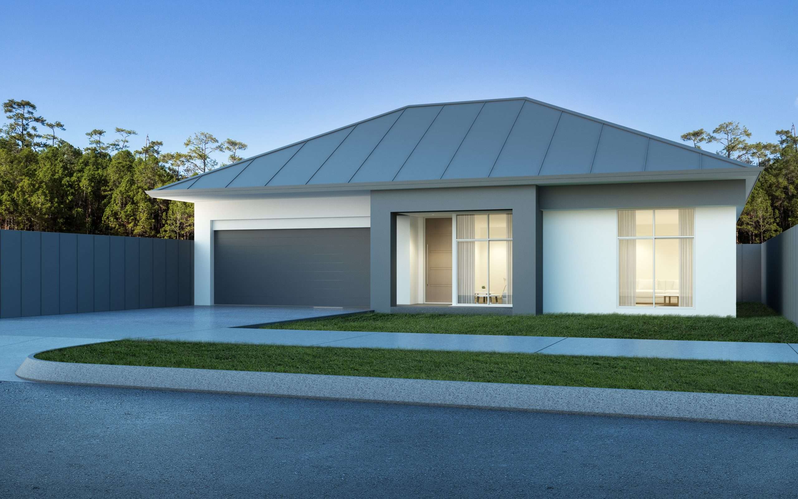 View of modern house in Australian style on pine forest and blue
