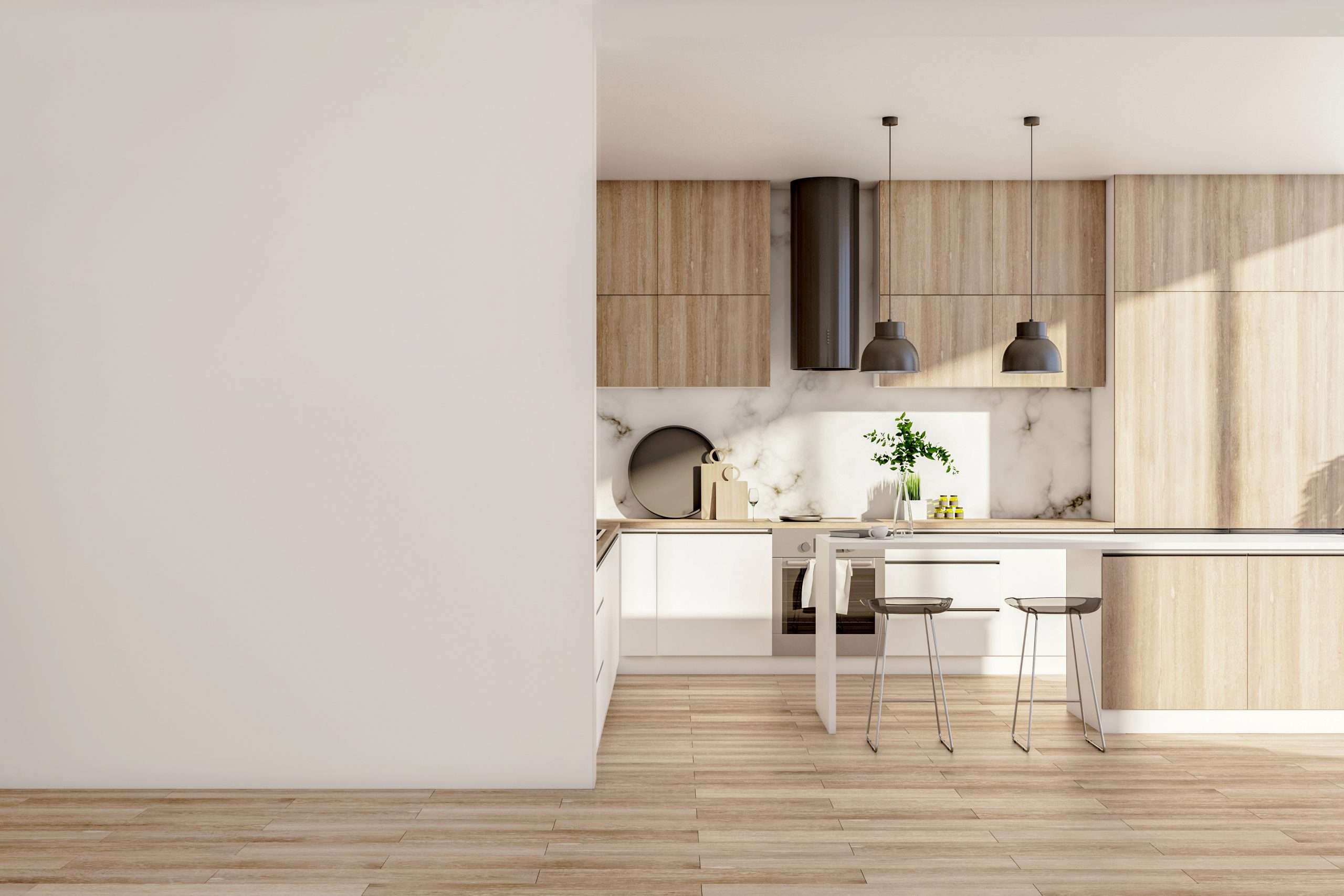 Wooden kitchen studio interor with blank wall.