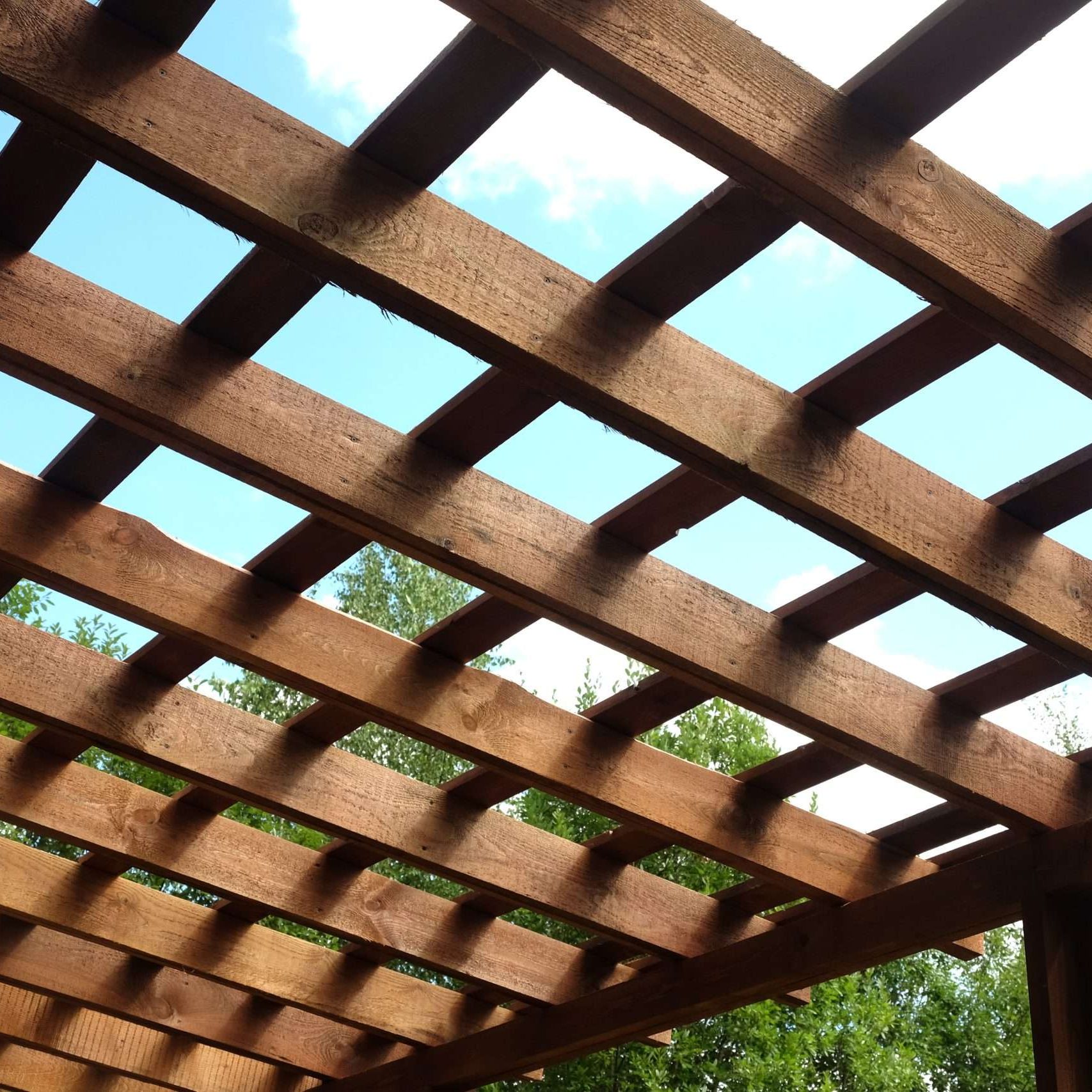 Top of brown wooden pergola on sunny summer day side view outdoor