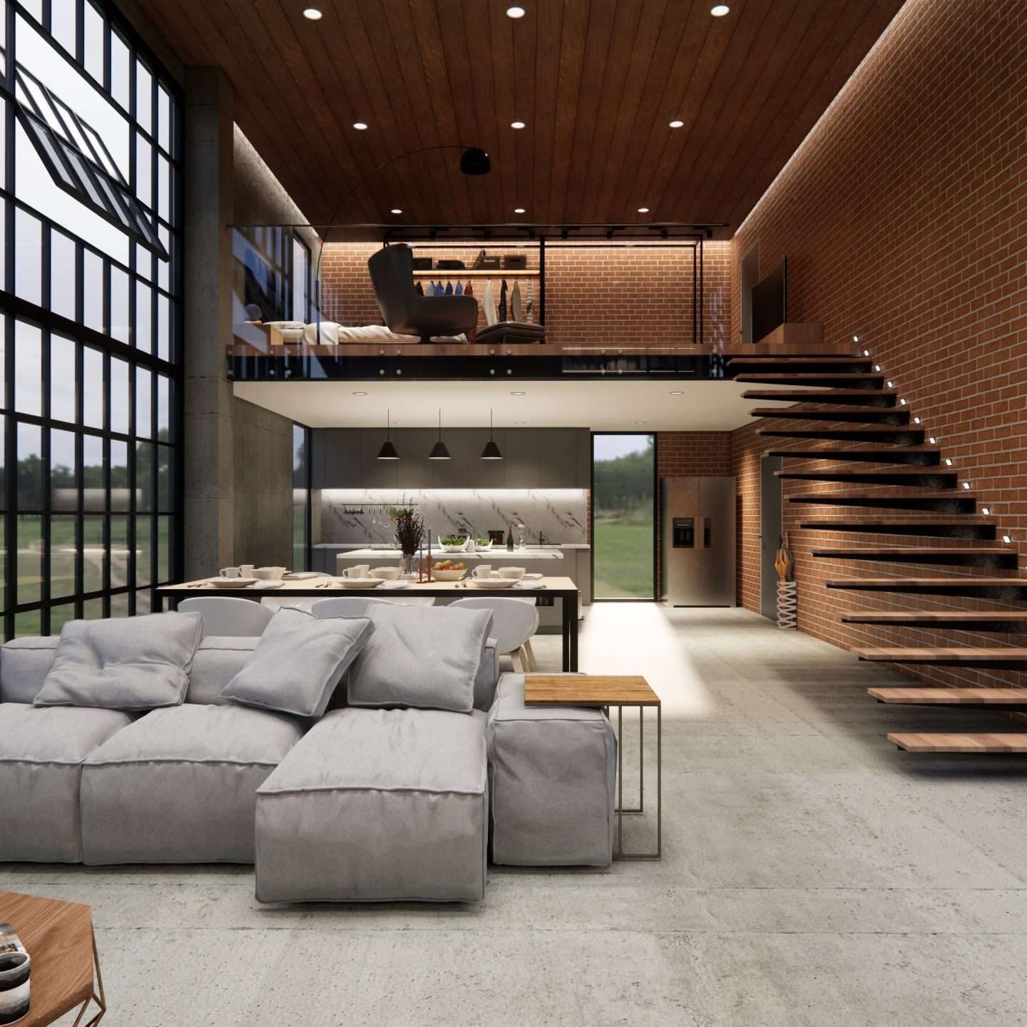 3d rendering. Interior house modern open living space with kitch